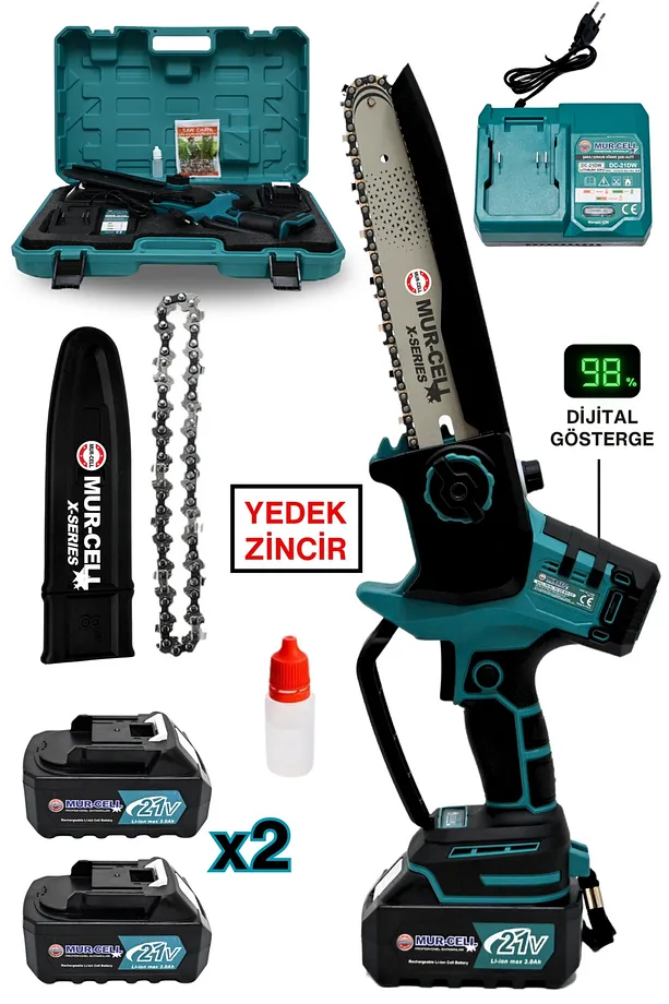 Mur-Cell Mur-9108 Dal Budama Testeresi Kömürsüz Otomatik Yağlamalı Dijital Göstergeli 21v 3 Amper