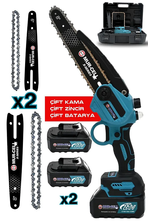 Mur-Cell Mur-9106 Şarjlı Dal Budama Testeresi Çift Pala Zincir Otomatik Yağlamalı 21v 3amper